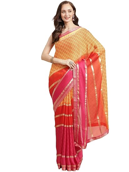 Shaily Womens Georgette Abstract Print with Lace Border Saree[Multi]