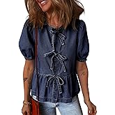 Deer Lady Womens Denim Shirt Bow Tie Front Tops Puff Sleeve Blouses Babydoll Peplum Summer Trendy Crewneck Shirts