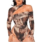 Floerns Women's Plus Size Tie Dye Asymmetrical Neck Long Sleeve T Shirts Bodysuit Tops Brown 1XL