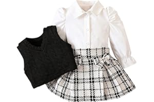 ChuYuKu Baby Girl Fall Clothes 6M-4Y Puff Sleeve Blouse+Tartan Pleated Skirt+Vest Set, Infant Toddler Girl Outfits