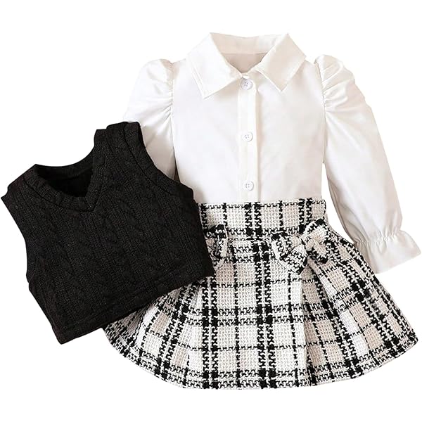 Toddler Girl Fall Outfit - Ruffle Long Sleeve Shirt & Plaid Skirt 2-Piece Set For Back To School