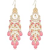 JIMARIN Handmade Dainty Sparkly Acrylic Beaded Fringe Chandelier Dangle Drop Earrings Boho Gold Long Tassel Flower Crystal Teardrop Hook Earrings For Women