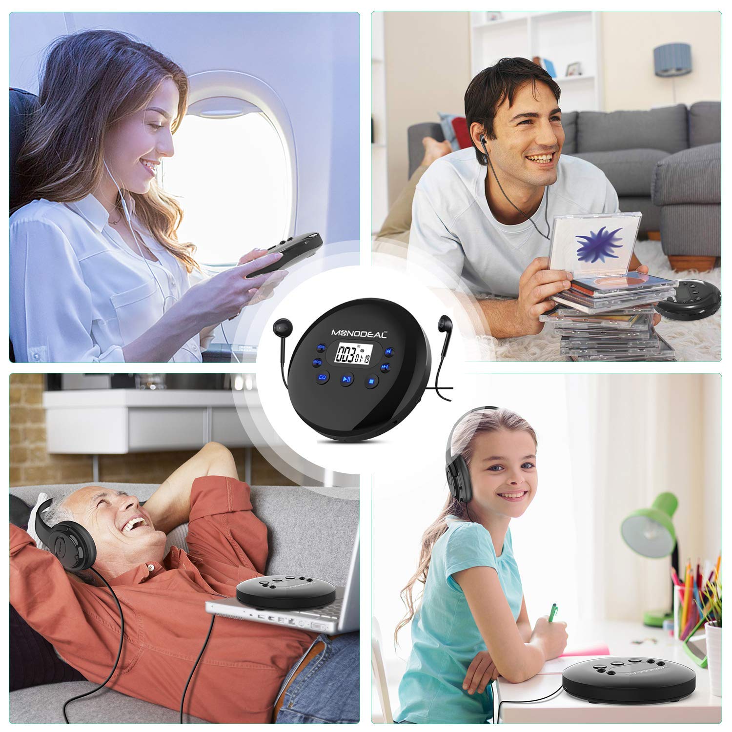 Portable CD Player, MONODEAL Rechargeable Personal Compact Disc CD Player with Headphones, Anti-Skip Small Player for Cars Adults Kids Students (with Larger LCD Display)