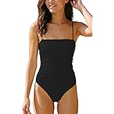 KRLAGAPAS Women's Sexy Ruched Bandeau One Piece Swimsuit Bathing Suit Slimming Swimwear, Cheeky Coverage, Medium High Leg Cut
