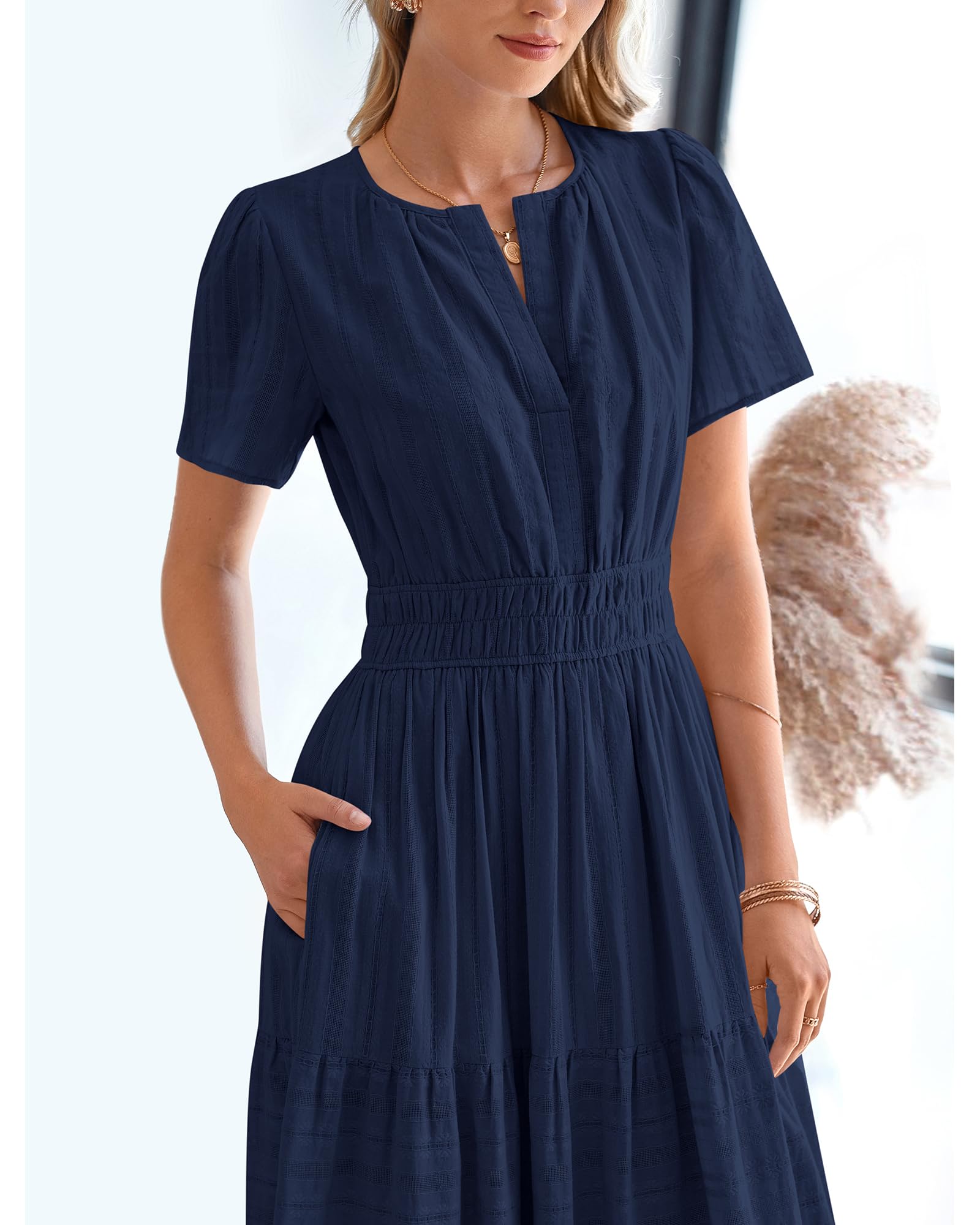 BTFBM Womens Summer 2025 Casual Midi Maxi Dresses Lightweight Short Sleeve V Neck Elastic Waist Boho Beach Dress Pockets