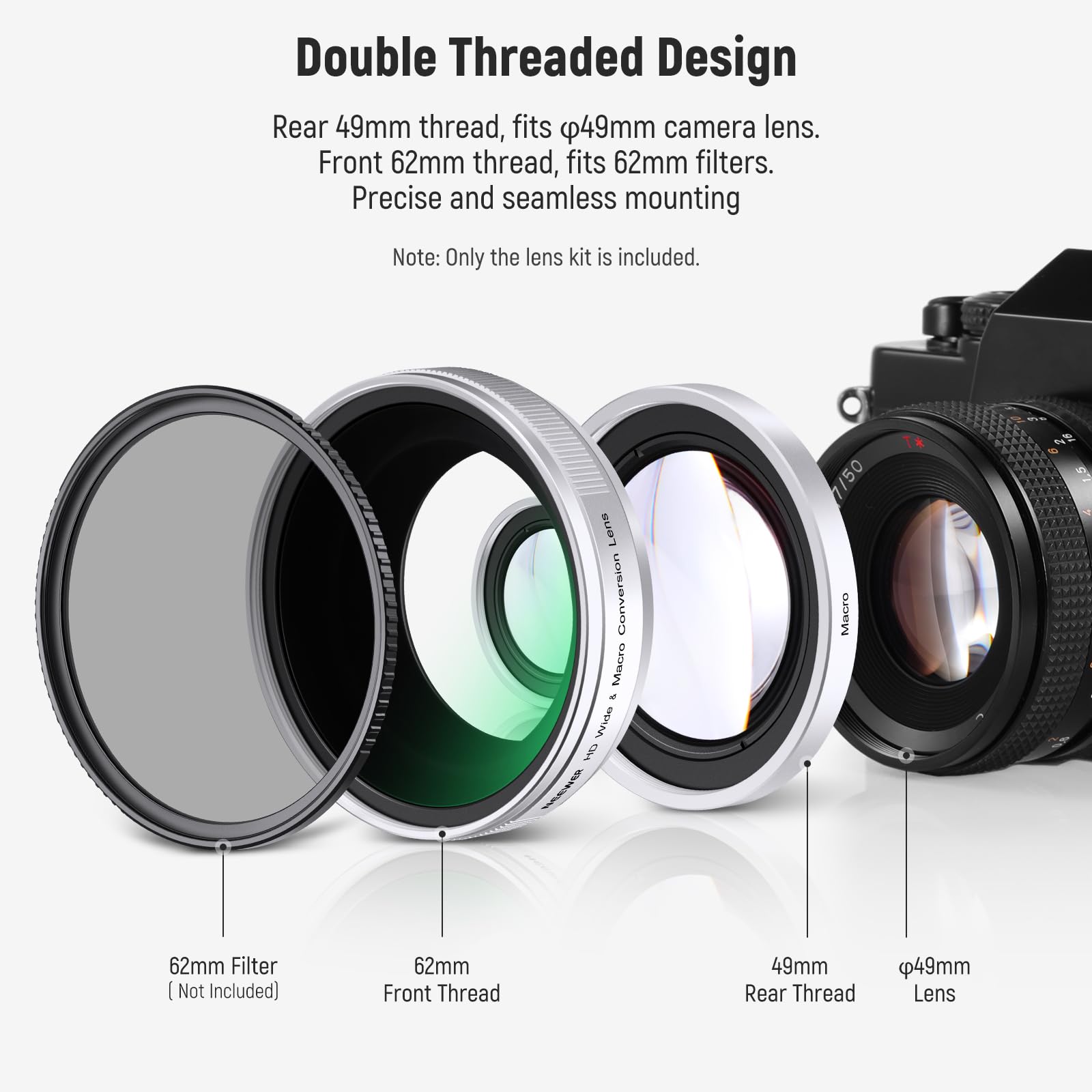 NEEWER 49mm 0.75x Wide Angle & 1.4X Macro Additional Lens for X100 Series Cameras, HD 2 in 1 Lens with 49mm Adapter Ring for Fujifilm X100 X100S X100F X100T X100V X100VI Cameras (Silver Frame), LS-47