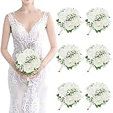 SEMONONIA Artificial Bridesmaid Bouquets Set of 6-7 Inch Bridesmaid Bouquets Ivory White Rose Babys Breath Pre-Made Silk Flower Bouquet for Wedding Bridal Shower Centerpiece Ceremony and Anniversary
