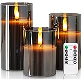 Homemory Grey Glass Flameless Candles, Battery Operated LED Pillar Candles with Remote Control and Timer, Radiance Candles, Real Wax, Set of 3,D3 xH4 5" 6"