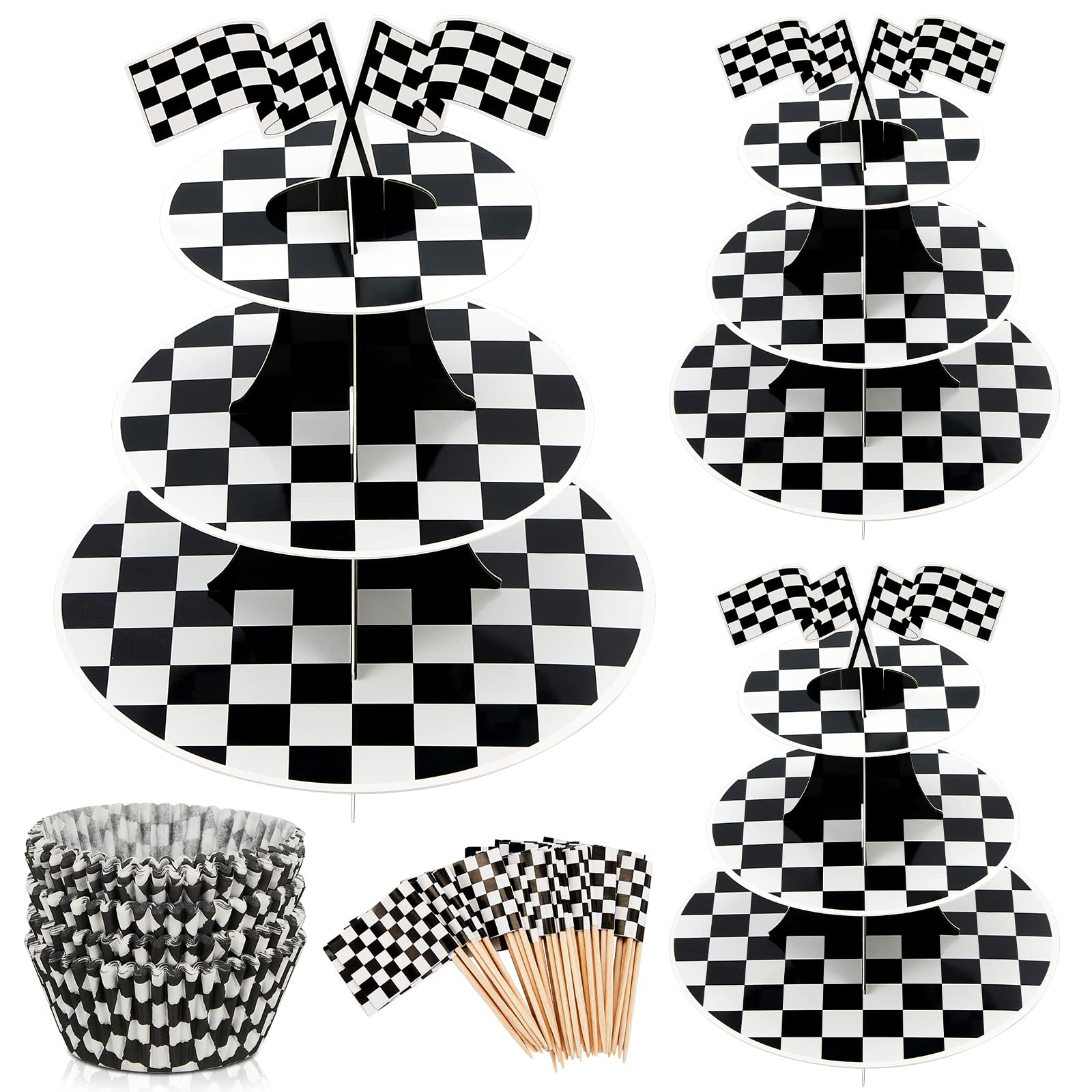 Photo 1 of 3 Sets 3 Tier Round Race Car Cardboard Cupcake Stand with 100 Checkered Baking Cups Liners 100 Flag Race Car Party Decorations for Racing Cars Birthday Black and White Fast Party Supplies
