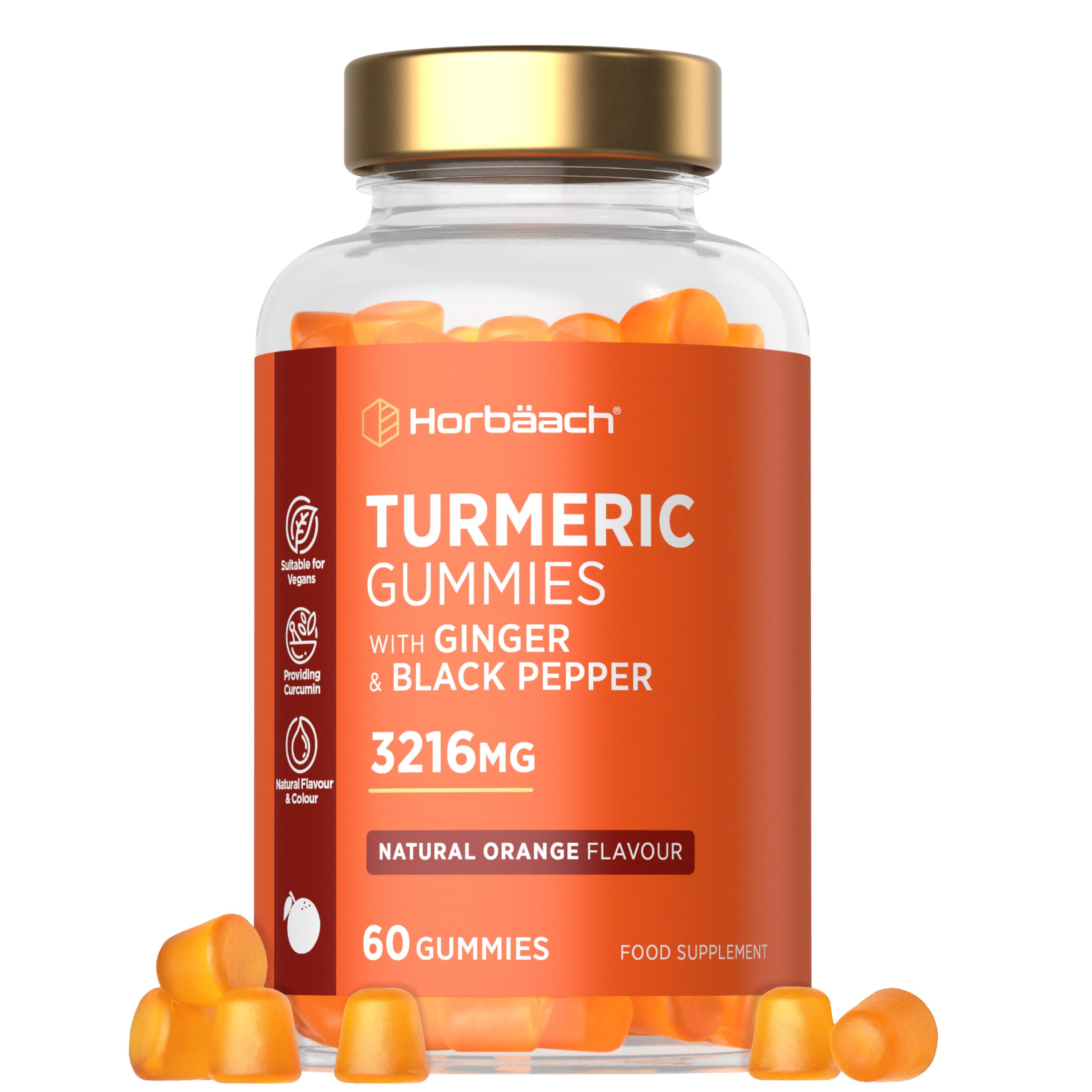 Turmeric Gummies with Black Pepper & Ginger 3216mg | High Strength Curcumin Supplement | 60 Vegan Gummies | Natural Orange Flavour - Tablet Alternative | by Horbaach