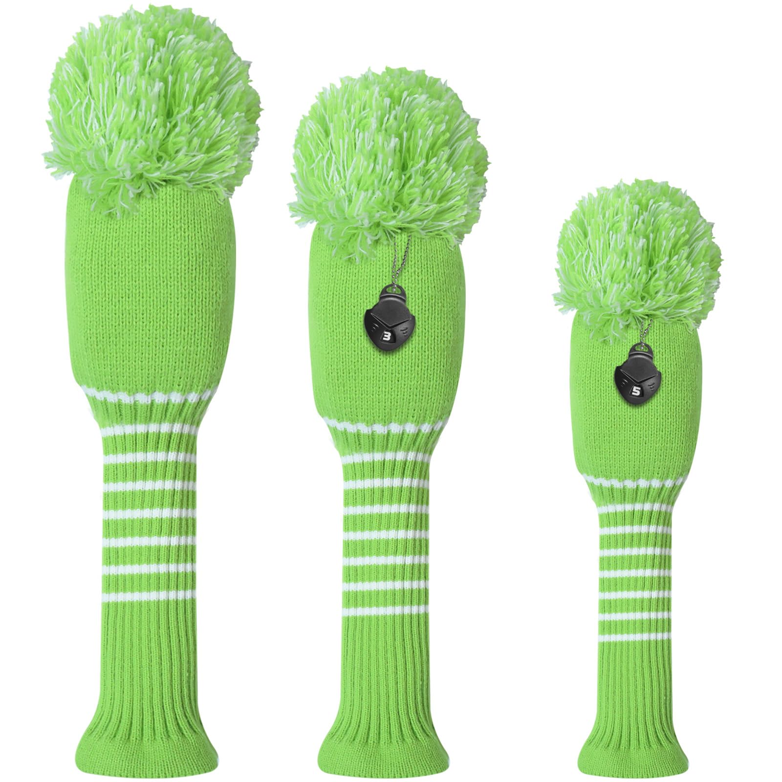 3 or 4 Pack Pom Golf Head Covers for Woods 1 3 5 Driver Fairway Hybrids Wood HeadCovers Set with Number Tag Knitted Golf Head Covers (Green 135)
