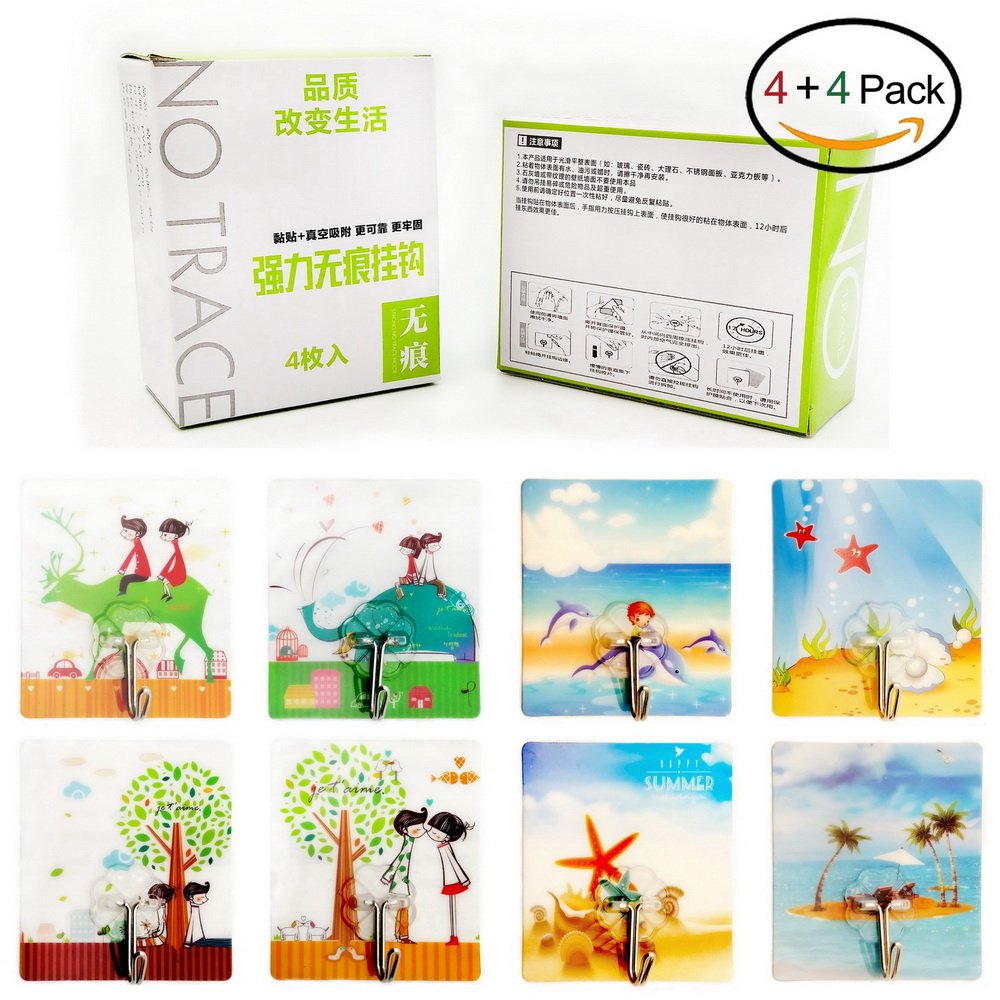 Adhesive Hooks Romantic Artistic Fashionable Traceless Strong Eco-friendly Washable Removable Reusable Waterproof Heavy-duty Flexible Durable, Max Load 22lb/10kg, 4+4 Packs (L’amour/L’océan)