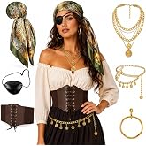UYY 6PCS Pirate Costume Accessories for Women with Head Scarf Bandanas,Eye Patch,Corset,Necklace,Waist Chains,Earring