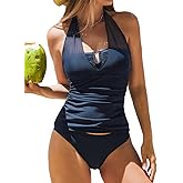 CUPSHE Women's Tankini Sets Two Piece Swimsuit U Wire Mesh Bathing Suit Halter Strap Mid Rise Ruched Swimwear