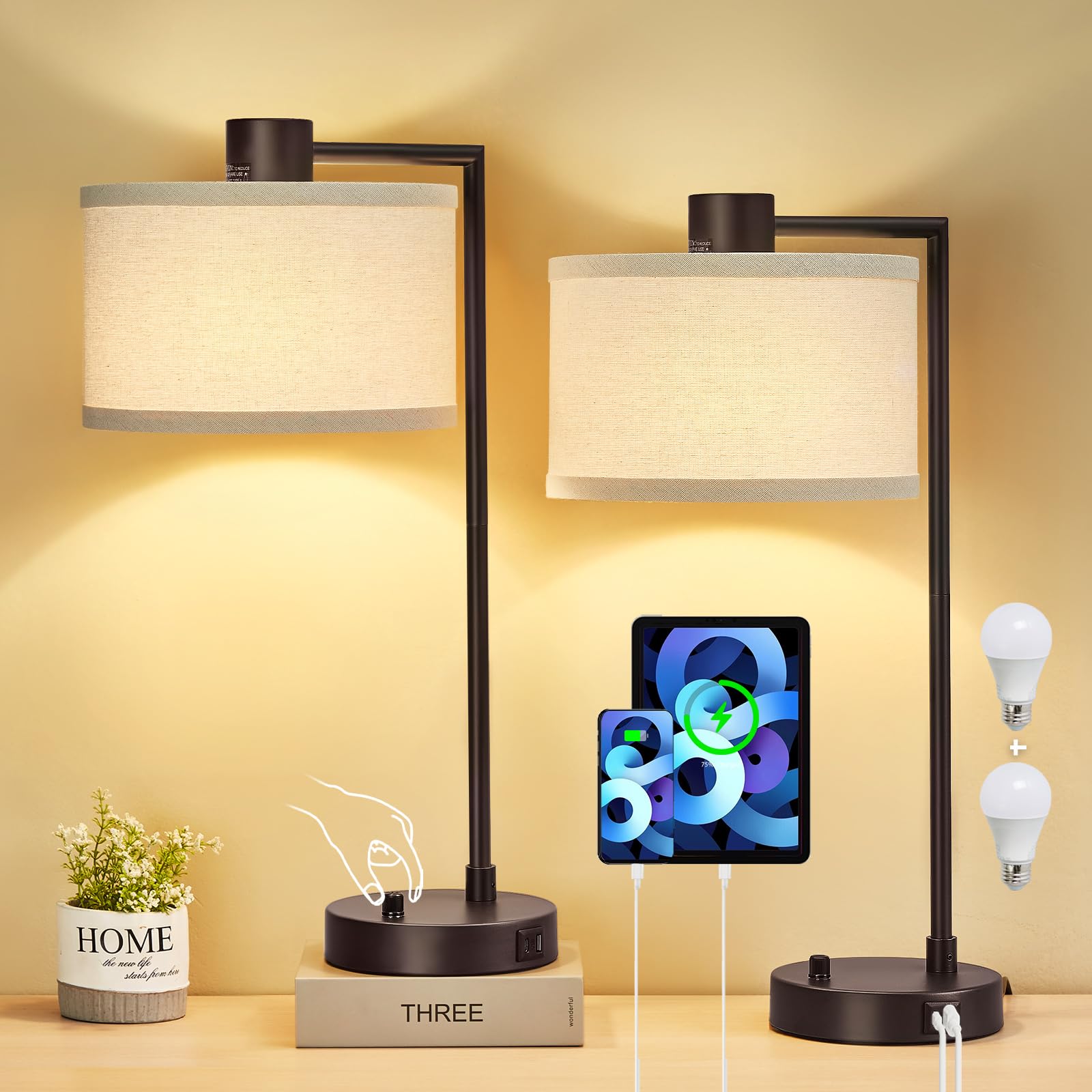 Luvkczc Table Lamp for Bedroom Set of 2 with USB C+A Ports - Fully Stepless Dimmable Bedside Lamp with Linen Lampshade - Contemporary Lamp for Living Room Reading Office, 2 Bulbs Included (Red Brown) Image