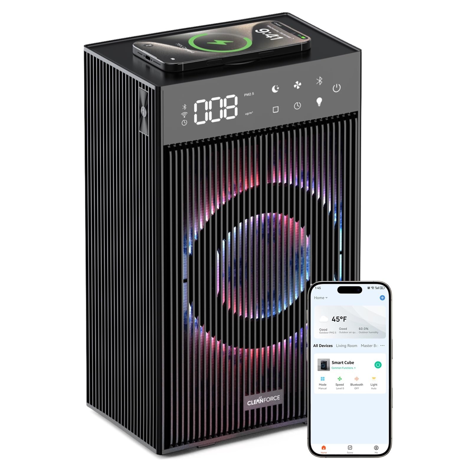 CleanForce Rainbow Cube | World’s First 4-in-1 Space-saving Air Purifier with Bluetooth Speaker, Wireless Charger & Aroma Diffuser | Swiss Tech，over 900ft² Coverage | Ultra-Quiet Image