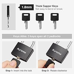 Puroma Lock Keyed Padlock, 2 Pack Aluminum Locks