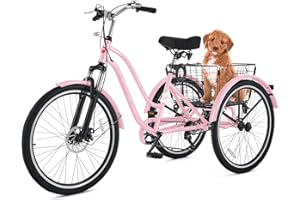 Viribus Adult Tricycle, Tricycle for Adults with Front Suspension and Removable Basket, 24 26 Inch 3 Wheel Bike for Adults 7 Speed Dual Chain, Adult Trike for Men Women Seniors, 400 lb.