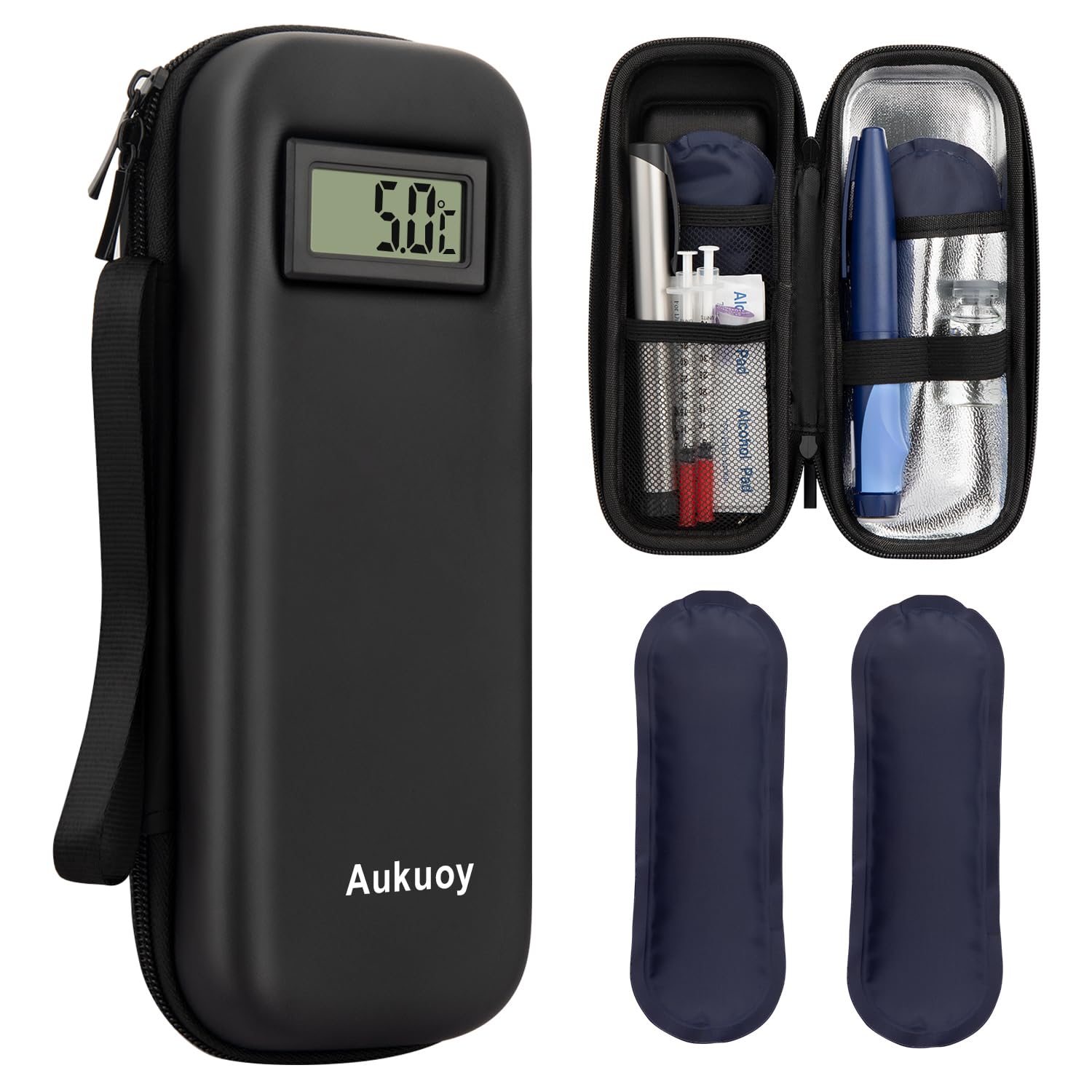 Aukuoy Insulin Cooler Travel Case with Temperature Display: Portable Insulin Pen case with 2 Reusable Ice Packs, Diabetic Travel Case Medicine Cooler