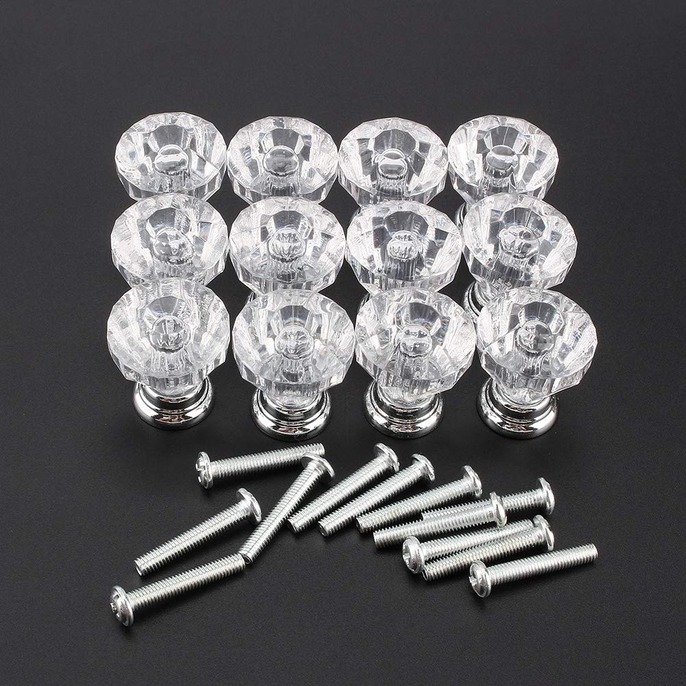 Cafopgrill Pack of 12 Crystal Glass Drawer Knobs, 25 mm Diamond Shape Drawer Door Handle Push Handle for Kitchen Cabinet Cupboard Drawer