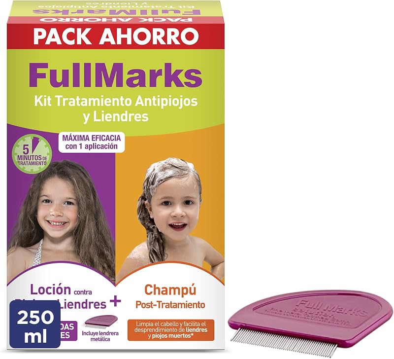 FullMarks Kit Tratamiento Antipiojos para Niños, Elimina los Piojos, Contiene Loción 100 ml, Champú Post-Tratamiento 150 ml y Lendrera Metálica