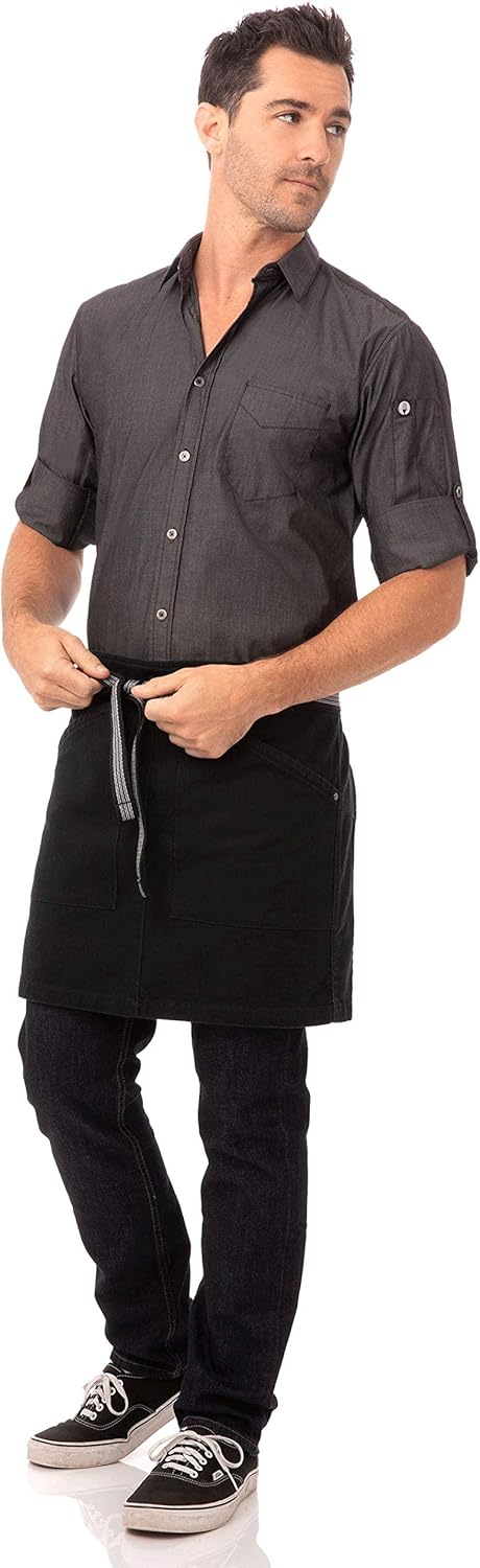 Chef Works unisex adult Berkeley Half Bistro Work Utility Apron, Jet Black W/Black/Gray Suspenders, One Size US: Clothing