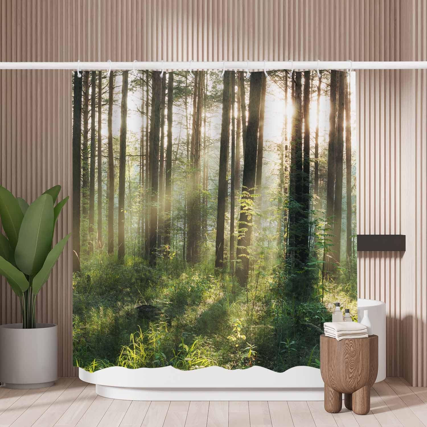 Woutay Shower Curtain Mould Proof Resistant Sunset in The Woods,Water Repellant Fabric,Polyester,with 12 Plastic Hooks