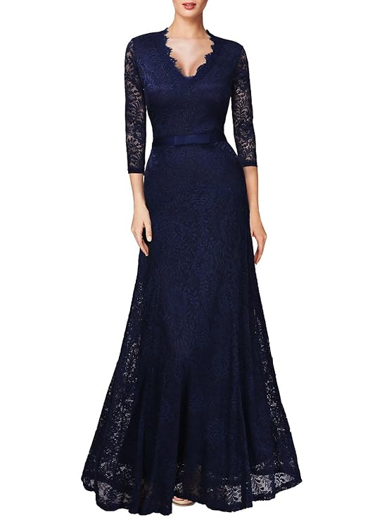 Miusol Elegante Dame 3/4 Ärmel mit Spitzen V-Ausschnitt Maxi Heimkehrkleid Brautkleid Festkleid Cocktail Abendkleid