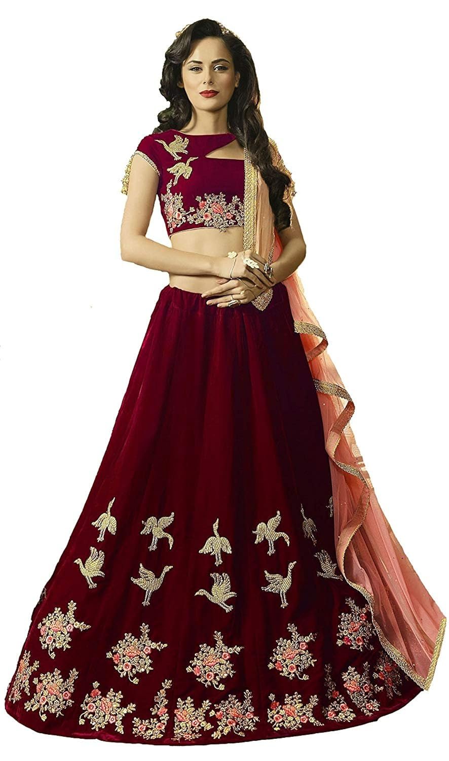mg_creations women's velvet semi-stitched lehenga choli (maroon, free size)