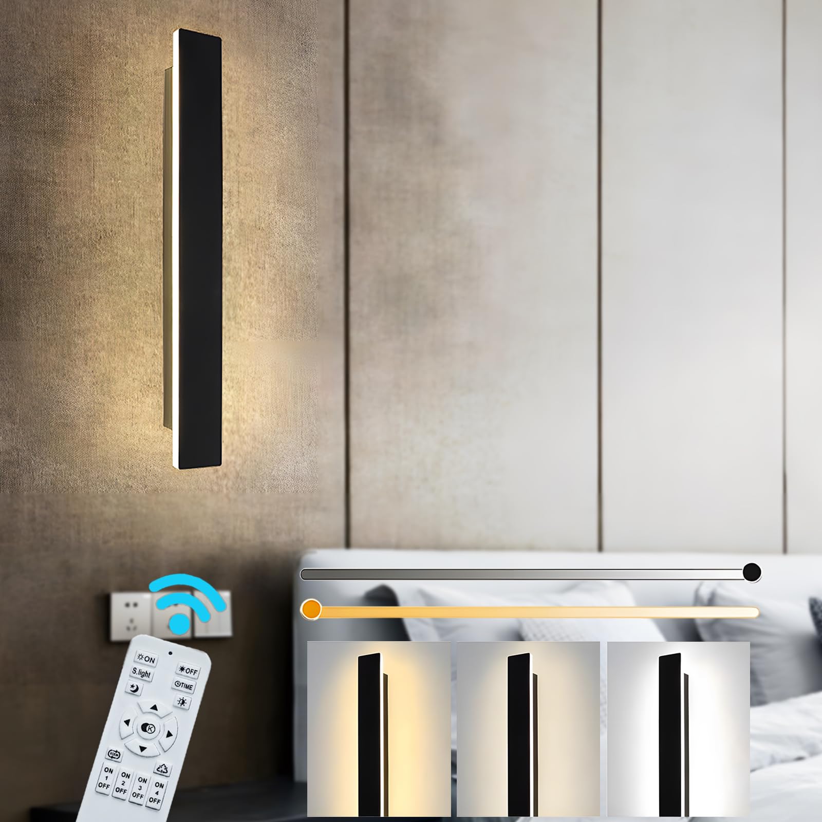 ZTWLEED LED Wall Light Indoor,12W Wall Lamp Modern Dimmable Wall Lamp Strip with Remote Control 2.4GHz,Long Wall Sconce Lights for Bedroom Living Room Corridor Stair 40CM Black — image 1