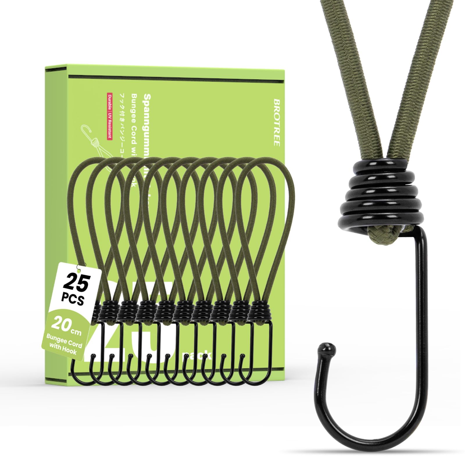 Brotree Bungee Cords with Hooks 25 Pack 20cm Bungee Hooks Small Bungee Rope with Hooks for Tarpaulins, Tents, Tarp and Fixing - Army Green