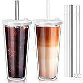 Honeydak 2 Pack Reusable Iced Coffee Cups with Lids and Straws Leakproof Double Wall Insulated Clear Plastic Iced Coffee Tumblers with Straw Brushes (24oz,White)