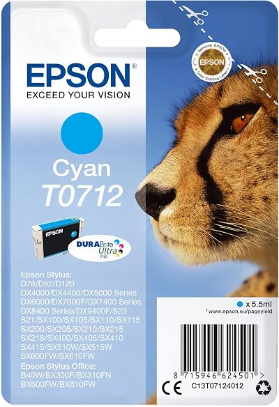 Epson T0712 Cheetah Cyan DURABrite Ultra Ink Cartridge 495 Pages