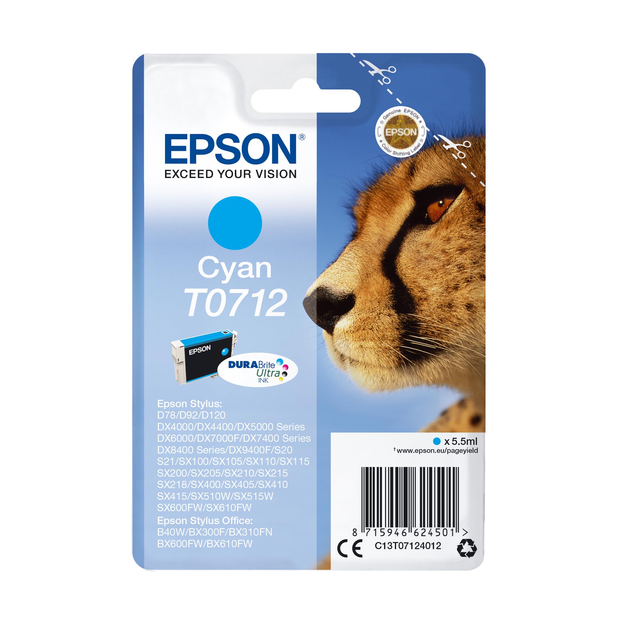 Epson T0712 Cheetah Cyan, Genuine, DURABrite Ultra Ink