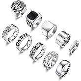 MEDOJO 10 Pcs Men's Stainless Steel Vintage Signet Ring Square Pinky Thumb Chunky Thin Band Ring Vintage Biker Band Rings Set 7-13