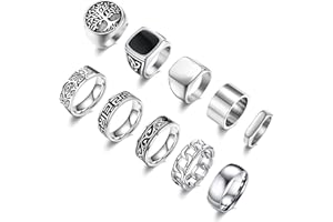 MEDOJO 10 Pcs Men's Stainless Steel Vintage Signet Ring Square Pinky Thumb Chunky Thin Band Ring Vintage Biker Band Rings Set 7-13