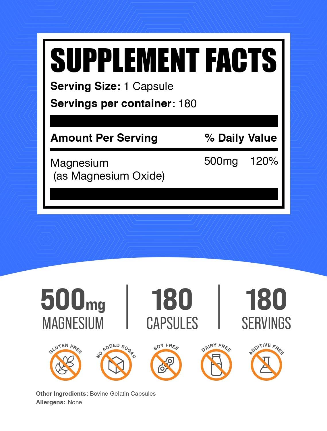 BulkSupplements.com Magnesium Oxide Capsules - Magnesium Supplement, Magnesium Oxide 500mg - Gluten Free, 1 Capsule per Serving, 180 Count (Pack of 1)