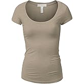 Active Basic Womens Plain Basic Deep Scoop Neck with Cap Short Sleeves - Oat - Small