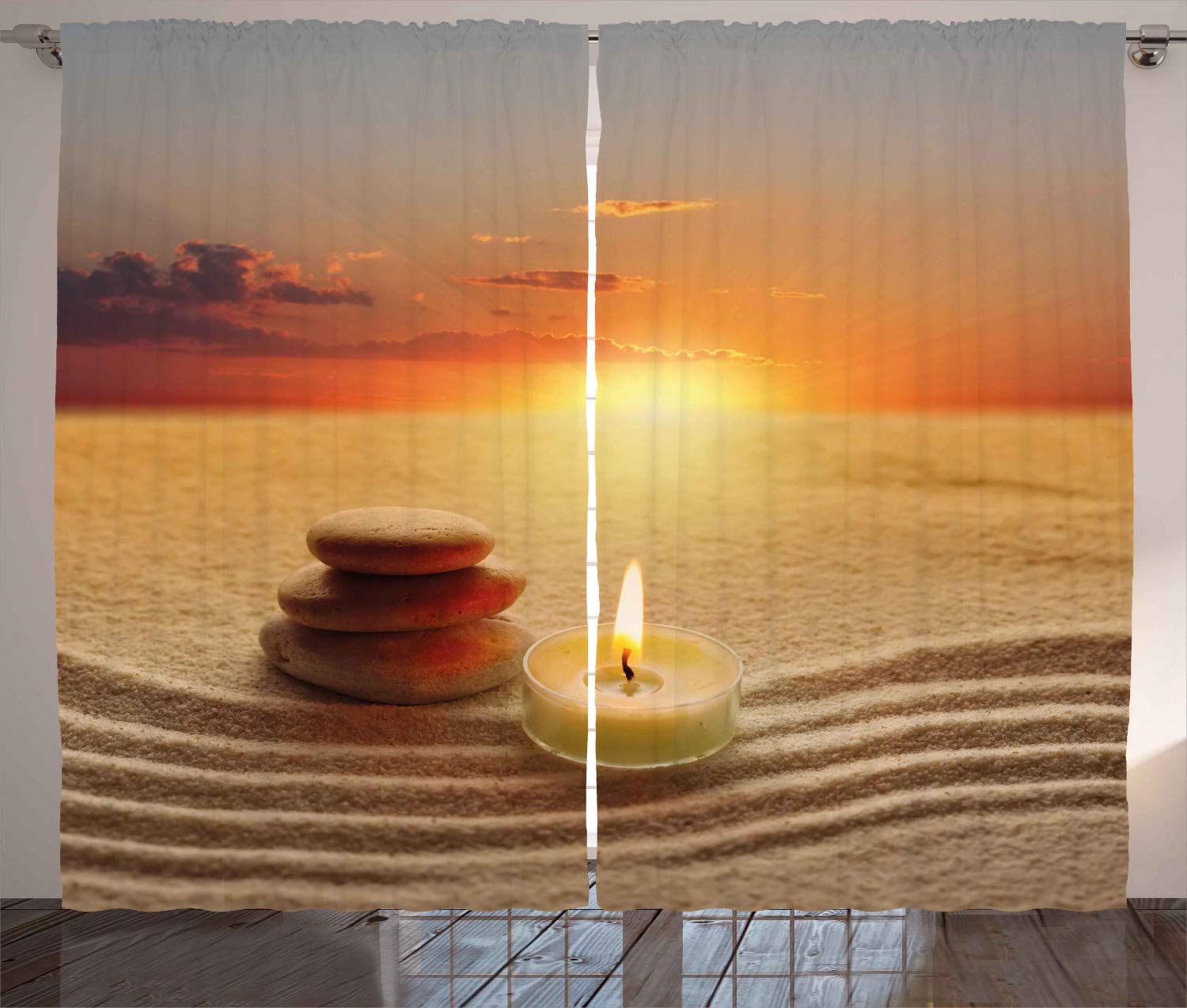 ABAKUHAUS Boho Curtains, Stack of Stones and Candle Chakra Meditation Yoga Horizon Backdrop Picture, Living Room Bedroom Window Drapes 2 Panel Set, 69 W X 110 L, Orange and brown