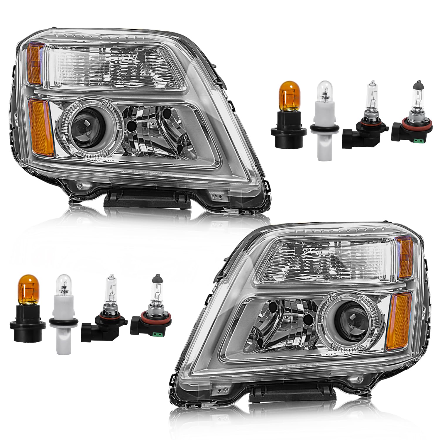 Photo 1 of Headlight Assembly with Bulbs Compatible with GMC Terrain 2010 2011 2012 2013 2014 2015, Halogen Headlamp Replacement for 84791974 84791975, Left and Right Side, Chrome Housing Amber Reflector