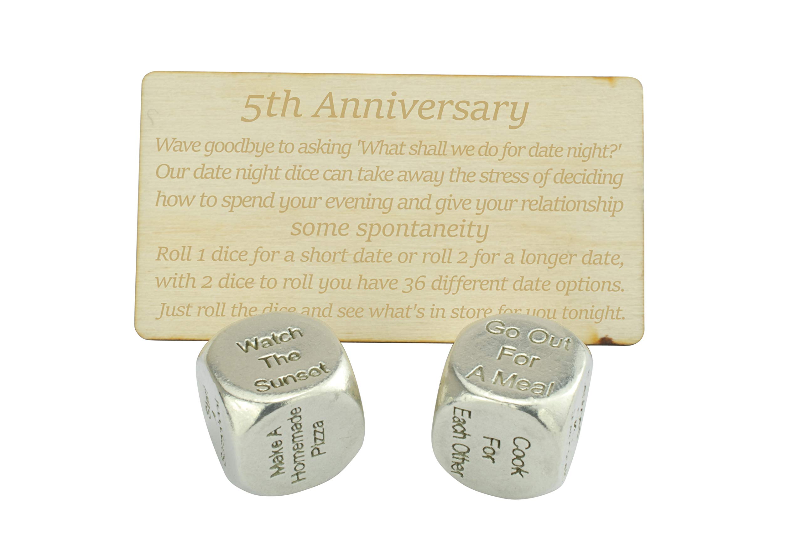 5 Year Anniversary Metal Date Dice Wood Engraved Instructions Create a Unique 5th Anniversary Date Idea