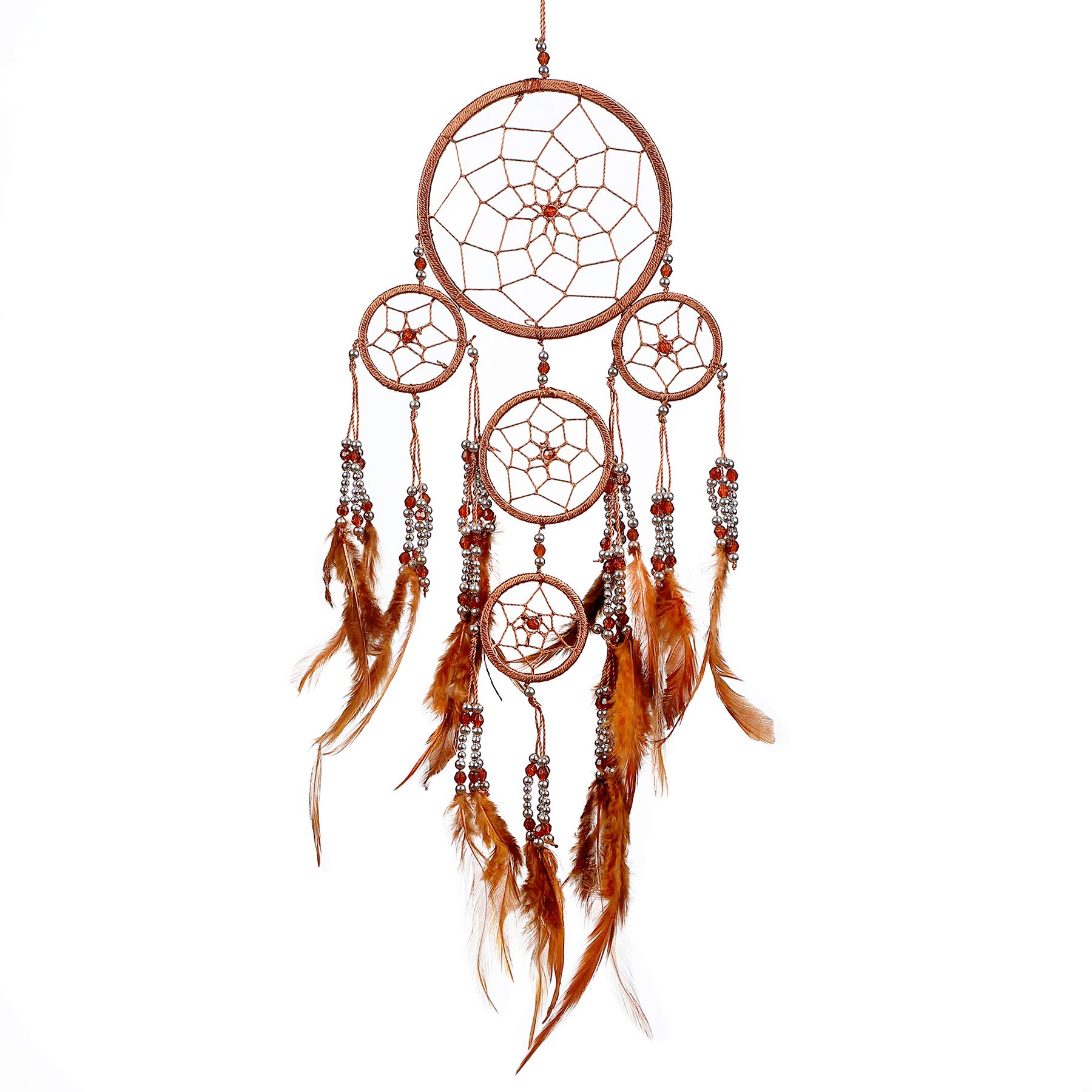 Pink Pineapple Handmade Bohemian Dream Catcher Ethical Hanging Dreamcatcher Wall Art with Feathers and Silver Beads Traditional Crochet Design - 12cm Wide, 35cm Long (Brown)