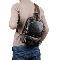 Small Black Sling Crossbody Backpack Shoulder Bag for Men Women Vintage PU Leather Sling Backpack Cycling USB Charger