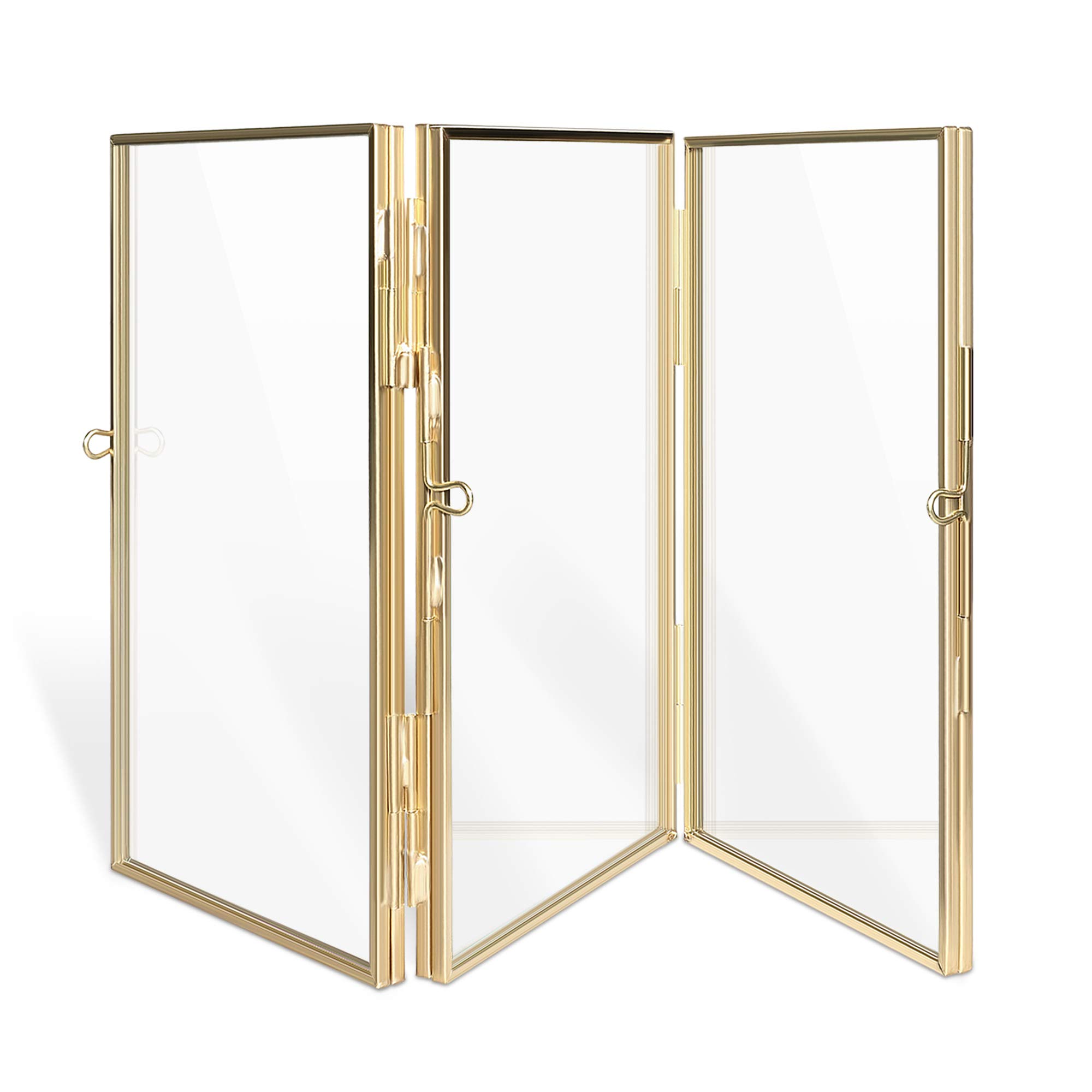 Navaris Folding Triple Photo Frame - Fits 15x10cm Photos - Double-Sided Brass and Glass Picture Frame for Multiple Portrait Pictures - Size S, Gold