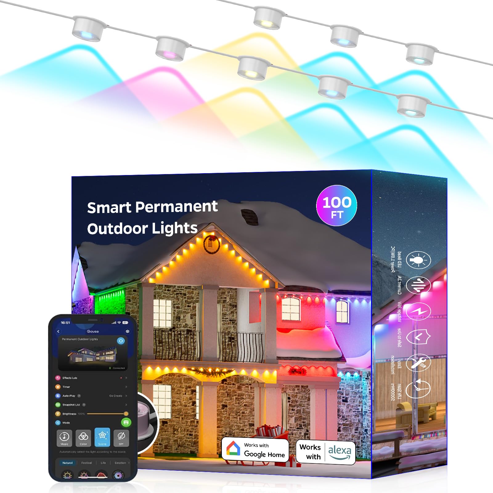 Photo 1 of Starixtop Permanent Outdoor Lights, 100ft with 72 Smart Eave Lights, RGB+IC Year Round Outdoor Lights with 72 Scene Modes, IP67 Waterproof for Holidays, Christmas, Party & New Year, Works with Alexa
