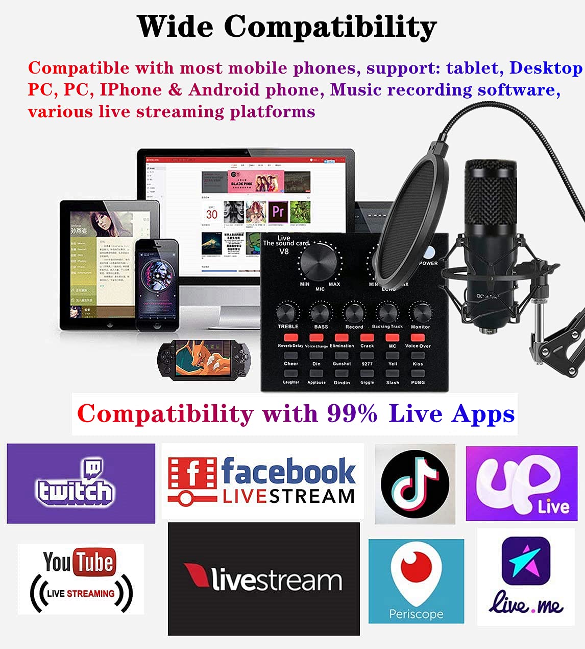 Podcast Equipment Bundle, BM-800 Mic Kit with Live Sound Card, Adjustable Mic Suspension Scissor Arm, Metal Shock Mount and Double-Layer Pop Filter for Studio Recording & Broadcasting (CF200-Black)