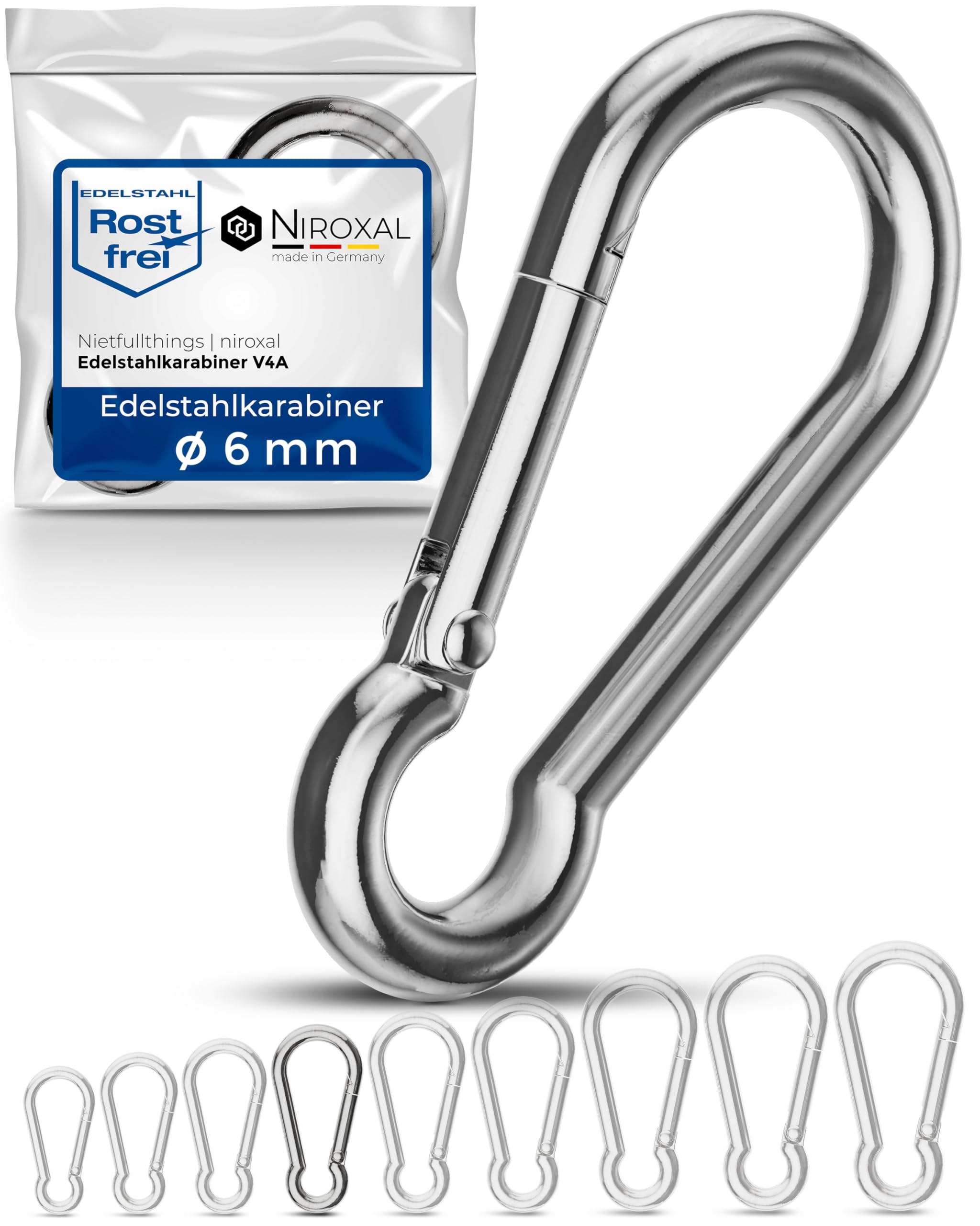 Niroxal 6 mm Stainless Steel Snap Hook – Heavy Duty Carabiner Clip – Marine Grade 316 – Spring Snap Hook – Pack of 100