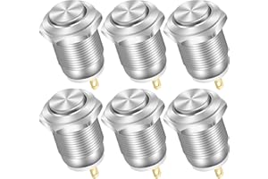 DaierTek 6pcs 12mm Momentary Push Button Switch 12V Waterproof Power Pushbutton Small Round Chrome Stainless Metal 2pin N/O