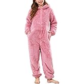 Flygo Girls Fleece Jumpsuits Fuzzy Hooded Rompers Kids Zip up Onesie Romper Costume Warm Winter Clothes 5-14 Years