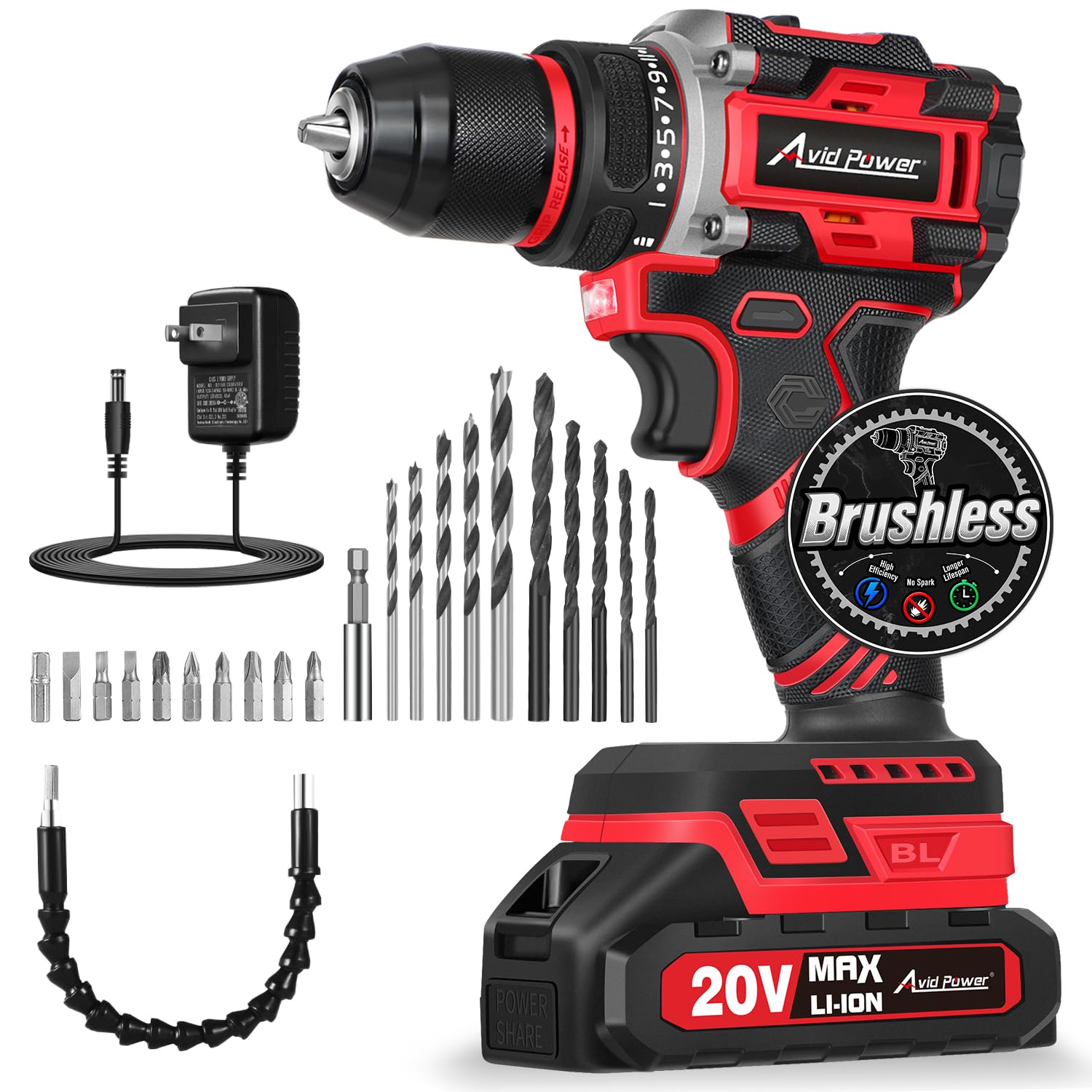 Photo 1 of AVID POWER Brushless Power Drill Set, 20V Cordless Drill Driver Kit with 2.0Ah Battery and Charger, 3/8-Inch Metal Chuck, 355 In-lbs Torque, 2-Variable Speed, 26 Position and 22pcs Accessories